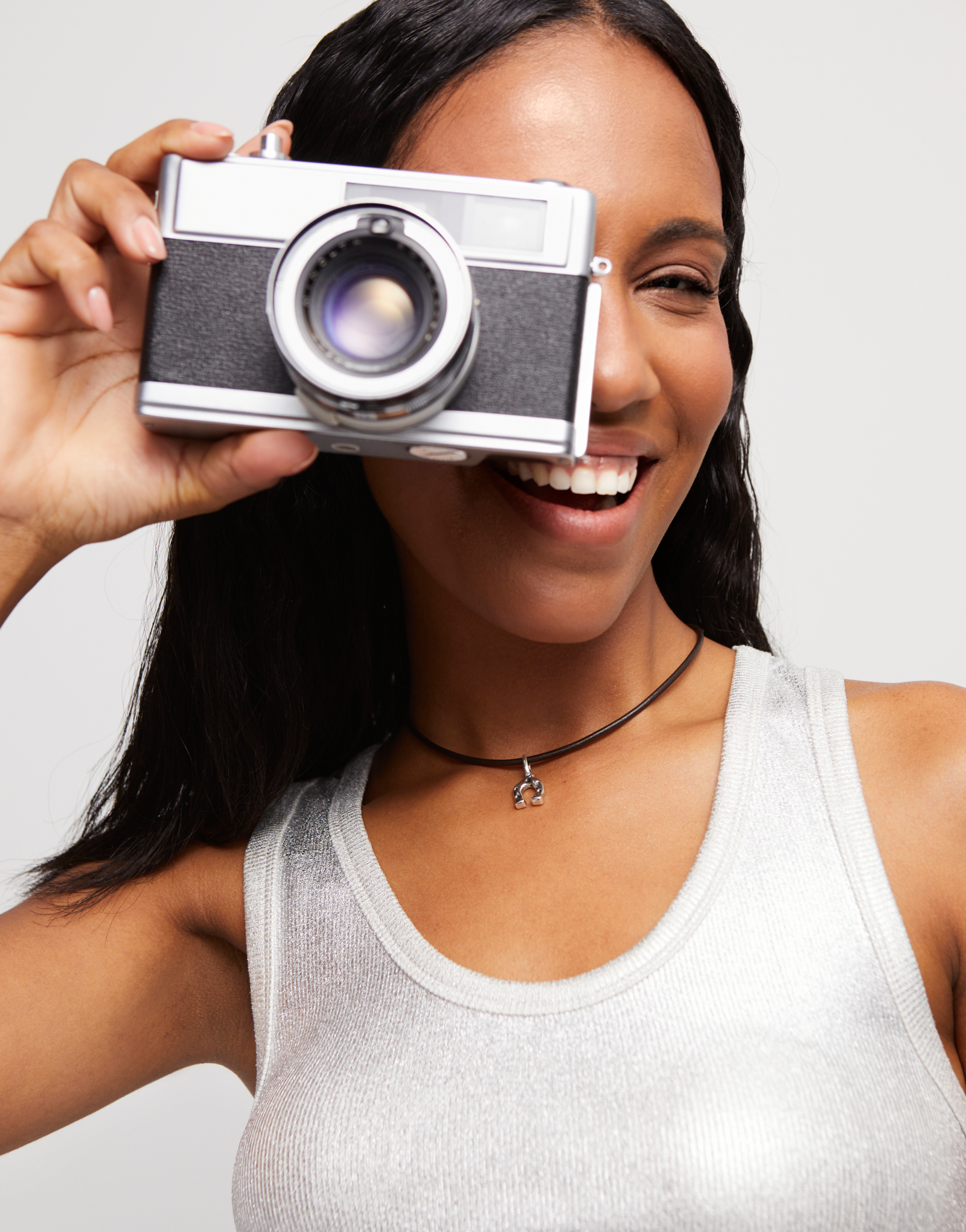 Short leather charm necklace, Silver, large thumbnail